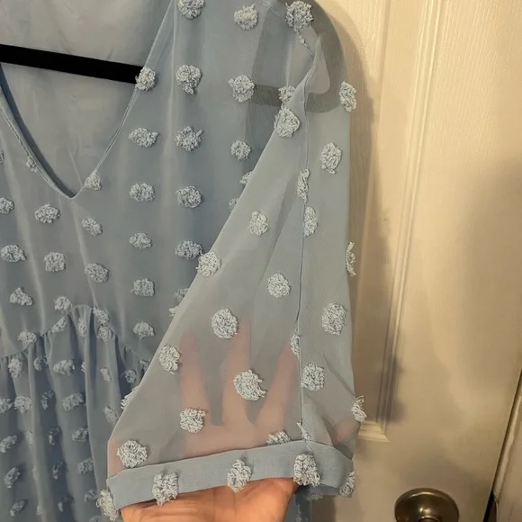 NWOT KIRUNDO Light Blue Textured V-Neck Babydoll Dress - Picture 5 of 7